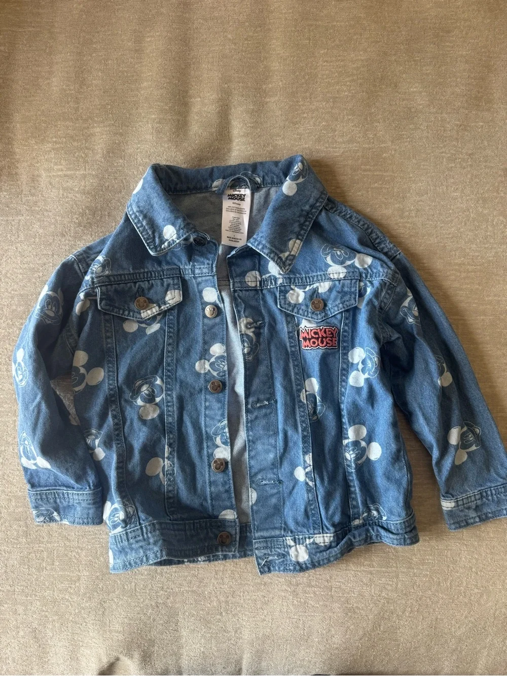 Disney Mickey Mouse Kids Denim Jacket Size 5 Blue Allover Print Jean Jacket
